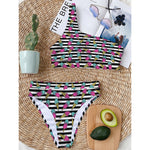 Black Striped Ice Cream Pattern Print One Shoulder Bikini Top