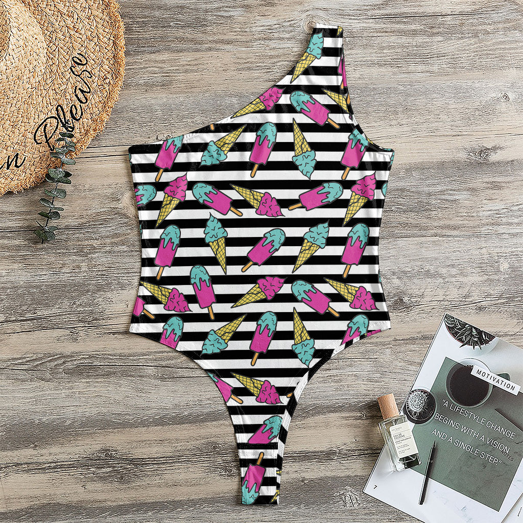 Black Striped Ice Cream Pattern Print One Shoulder Bodysuit
