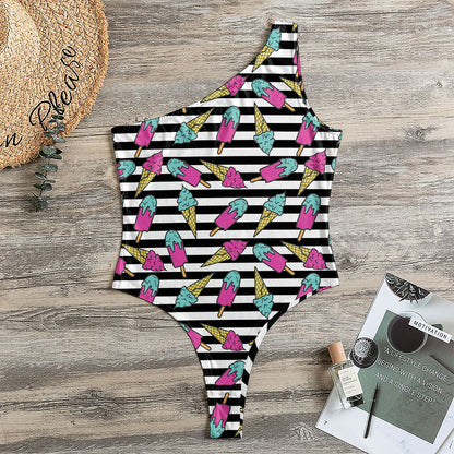 Black Striped Ice Cream Pattern Print One Shoulder Bodysuit