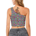 Black Striped Ice Cream Pattern Print One Shoulder Crop Top