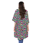 Black Striped Ice Cream Pattern Print Open Front Beach Cover Up