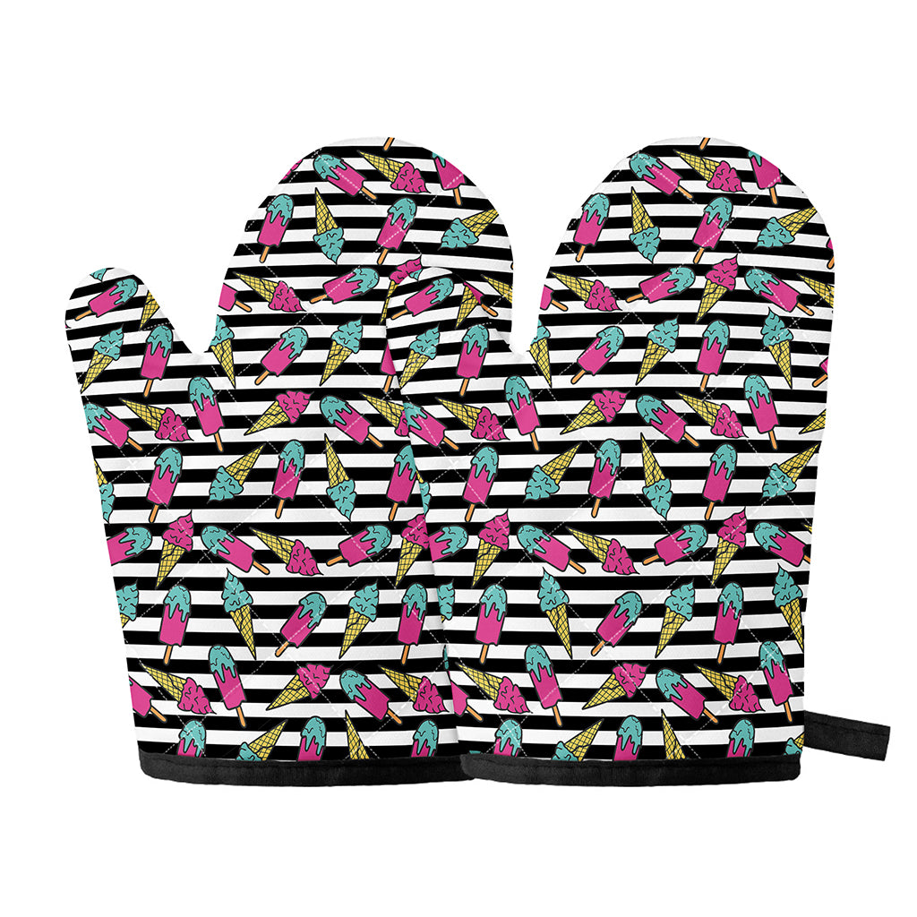 Black Striped Ice Cream Pattern Print Oven Mitts