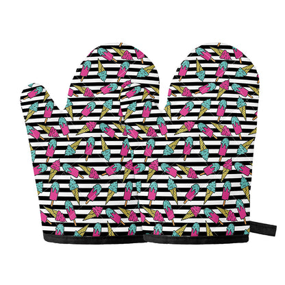 Black Striped Ice Cream Pattern Print Oven Mitts