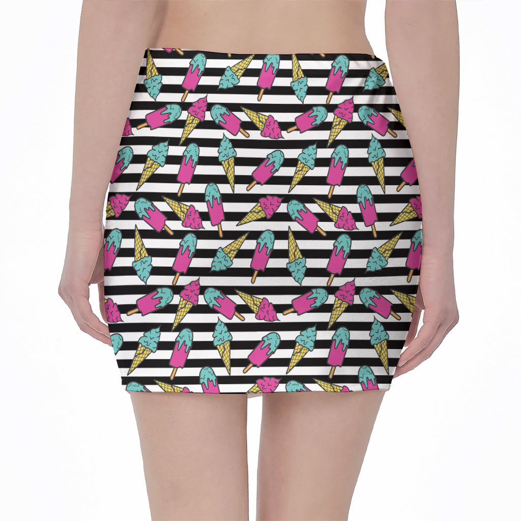 Black Striped Ice Cream Pattern Print Pencil Mini Skirt