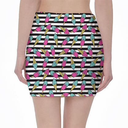 Black Striped Ice Cream Pattern Print Pencil Mini Skirt