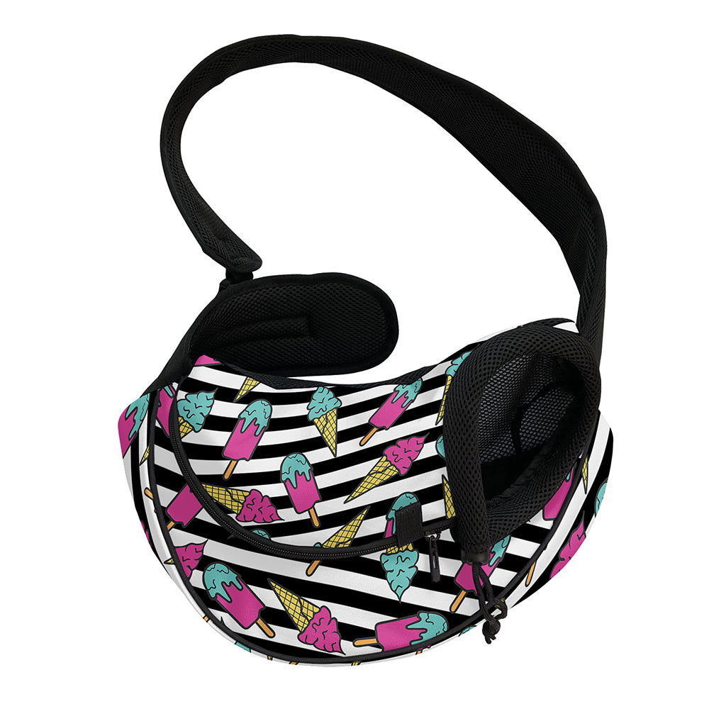 Black Striped Ice Cream Pattern Print Pet Sling Carrier