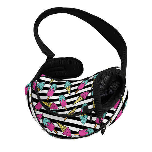 Black Striped Ice Cream Pattern Print Pet Sling Carrier