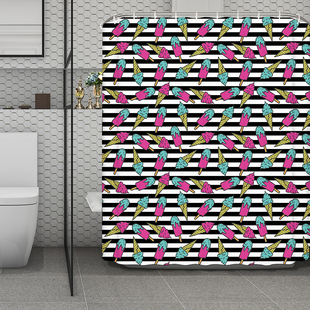 Black Striped Ice Cream Pattern Print Polyester Shower Curtain