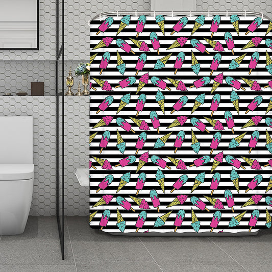 Black Striped Ice Cream Pattern Print Polyester Shower Curtain