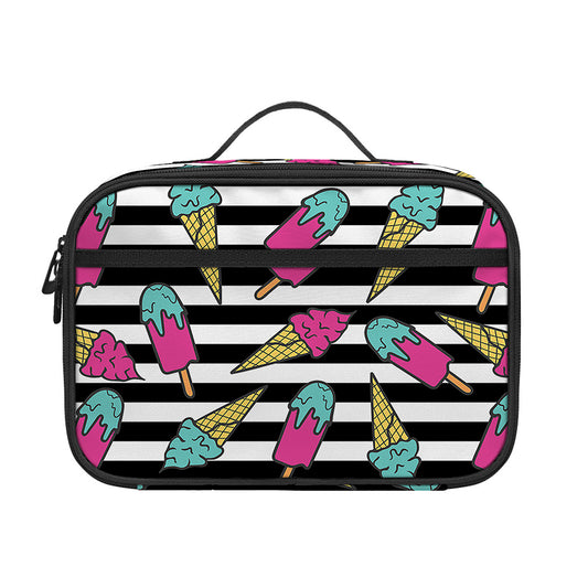 Black Striped Ice Cream Pattern Print Portable Lunch Bag