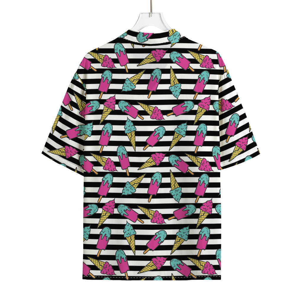 Black Striped Ice Cream Pattern Print Rayon Hawaiian Shirt