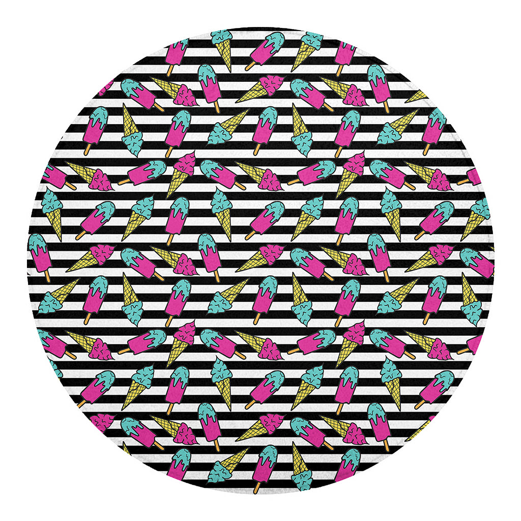 Black Striped Ice Cream Pattern Print Round Blanket