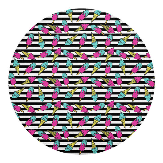 Black Striped Ice Cream Pattern Print Round Blanket