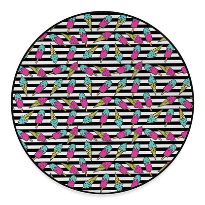 Black Striped Ice Cream Pattern Print Round Floor Mat