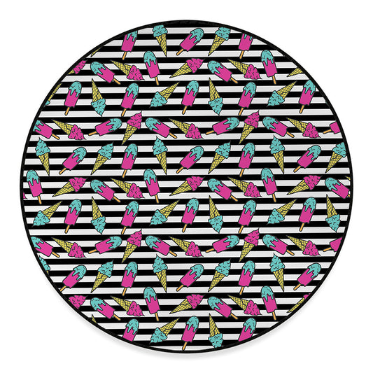 Black Striped Ice Cream Pattern Print Round Floor Mat