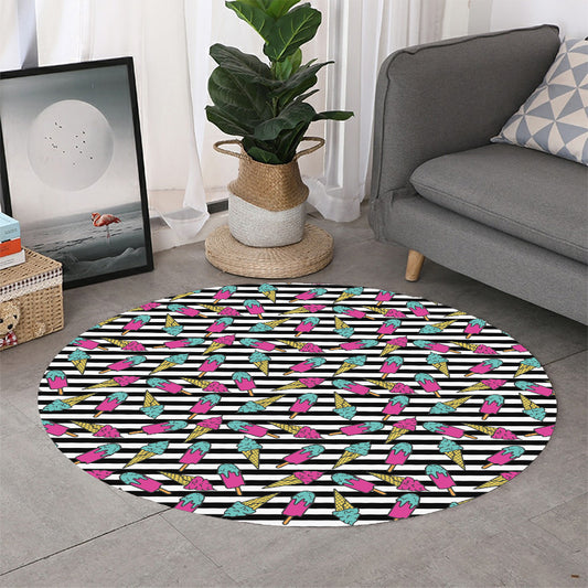 Black Striped Ice Cream Pattern Print Round Rug