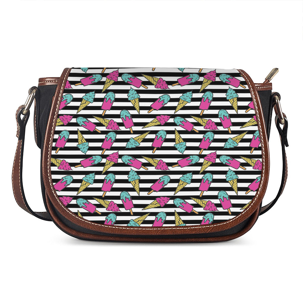 Black Striped Ice Cream Pattern Print Saddle Bag