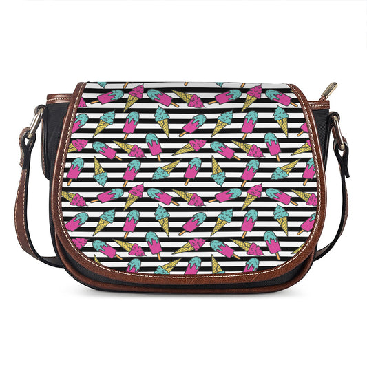 Black Striped Ice Cream Pattern Print Saddle Bag