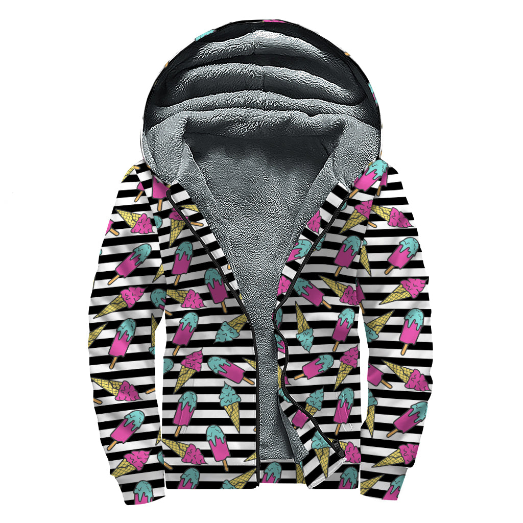 Black Striped Ice Cream Pattern Print Sherpa Lined Zip Up Hoodie