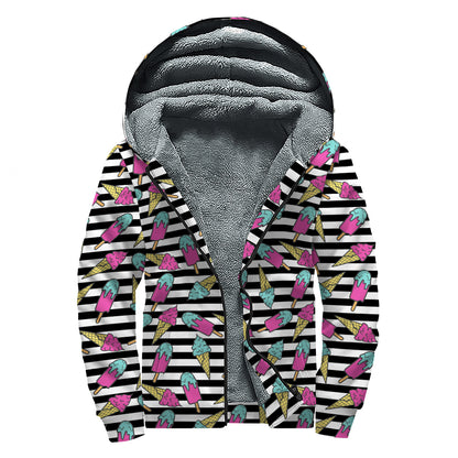 Black Striped Ice Cream Pattern Print Sherpa Lined Zip Up Hoodie