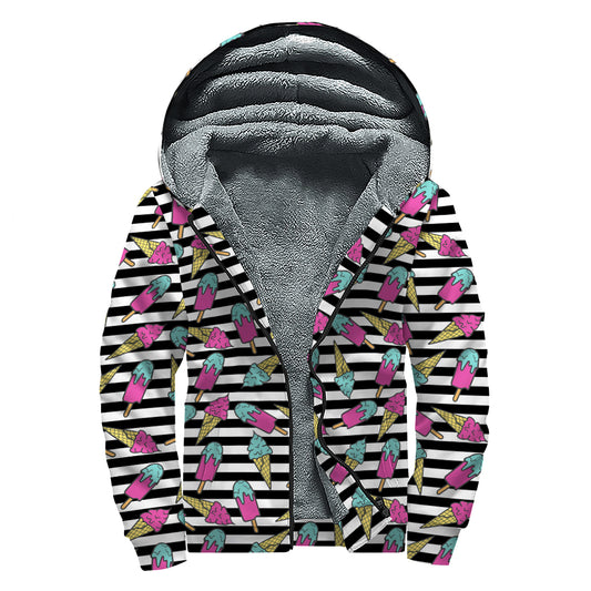 Black Striped Ice Cream Pattern Print Sherpa Lined Zip Up Hoodie