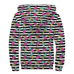 Black Striped Ice Cream Pattern Print Sherpa Lined Zip Up Hoodie