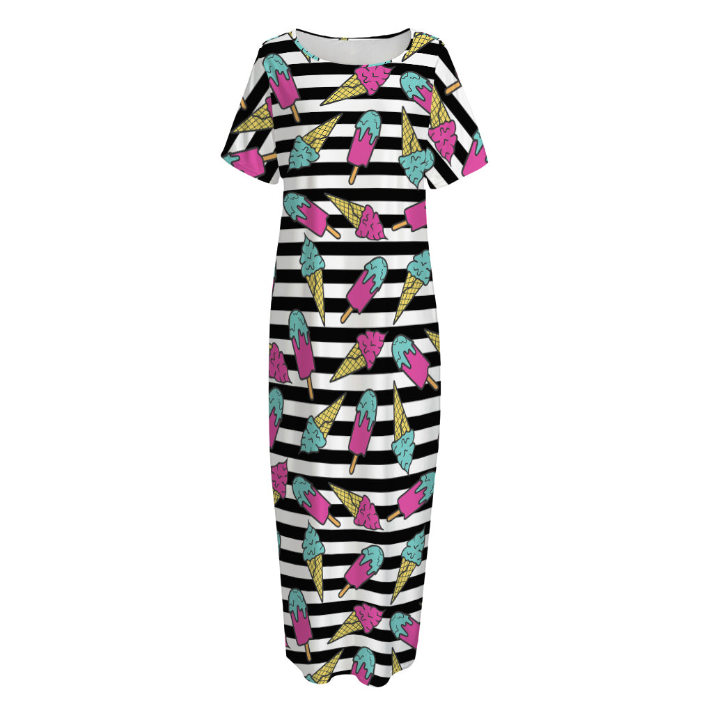 Black Striped Ice Cream Pattern Print Short Sleeve Long Nightdress