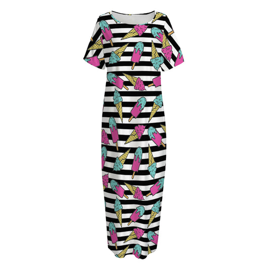 Black Striped Ice Cream Pattern Print Short Sleeve Long Nightdress