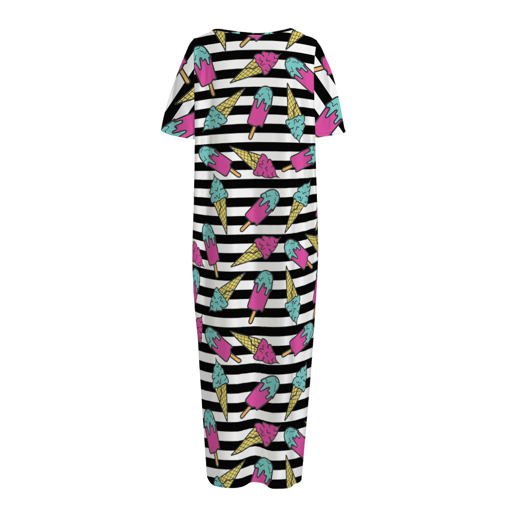 Black Striped Ice Cream Pattern Print Short Sleeve Long Nightdress