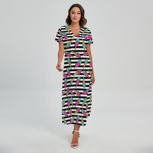 Black Striped Ice Cream Pattern Print Short Sleeve Maxi Dress