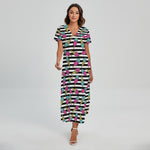Black Striped Ice Cream Pattern Print Short Sleeve Maxi Dress