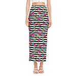 Black Striped Ice Cream Pattern Print Side Slit Maxi Skirt