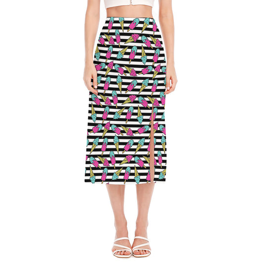 Black Striped Ice Cream Pattern Print Side Slit Midi Skirt