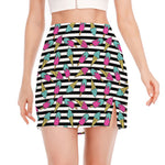 Black Striped Ice Cream Pattern Print Side Slit Mini Skirt