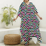 Black Striped Ice Cream Pattern Print Silk V-Neck Kaftan Dress