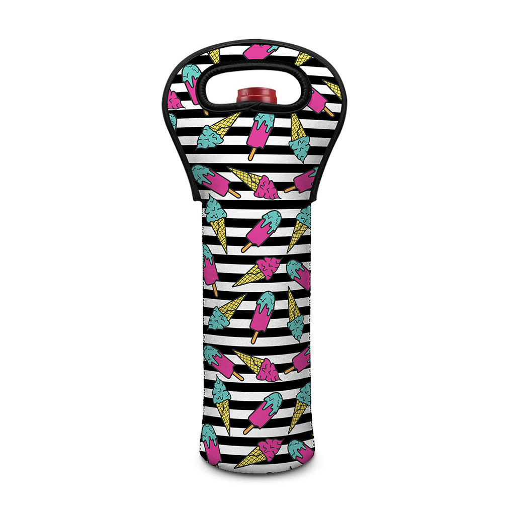 Black Striped Ice Cream Pattern Print Single Neoprene Wine Tote