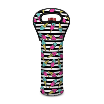 Black Striped Ice Cream Pattern Print Single Neoprene Wine Tote