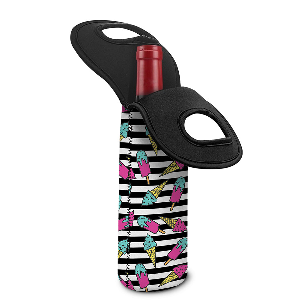Black Striped Ice Cream Pattern Print Single Neoprene Wine Tote