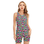 Black Striped Ice Cream Pattern Print Sleeveless One Piece Swimsuit