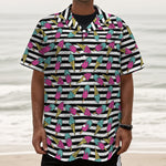 Black Striped Ice Cream Pattern Print Textured Short Sleeve Shirt