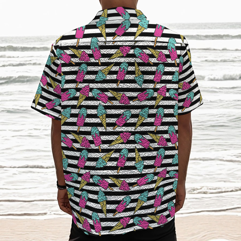 Black Striped Ice Cream Pattern Print Textured Short Sleeve Shirt