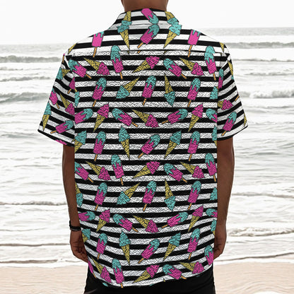 Black Striped Ice Cream Pattern Print Textured Short Sleeve Shirt
