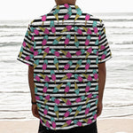 Black Striped Ice Cream Pattern Print Textured Short Sleeve Shirt