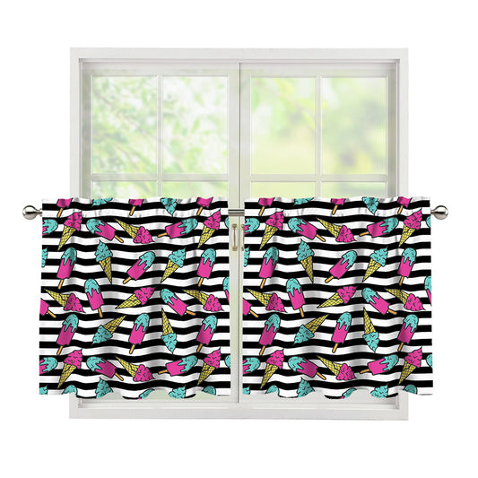 Black Striped Ice Cream Pattern Print Tier Curtains
