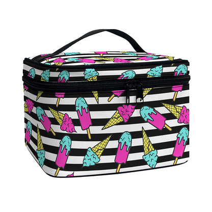 Black Striped Ice Cream Pattern Print Travel Makeup Bag