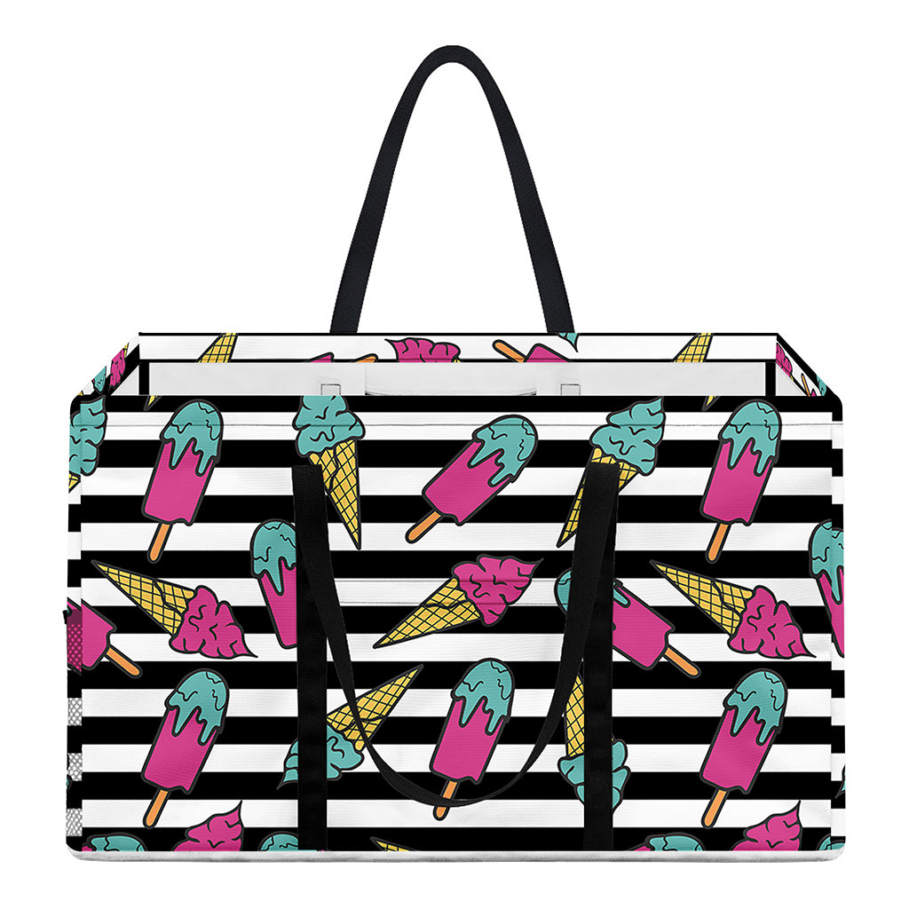 Black Striped Ice Cream Pattern Print Utility Tote Bag