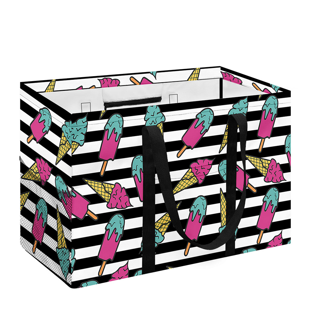 Black Striped Ice Cream Pattern Print Utility Tote Bag