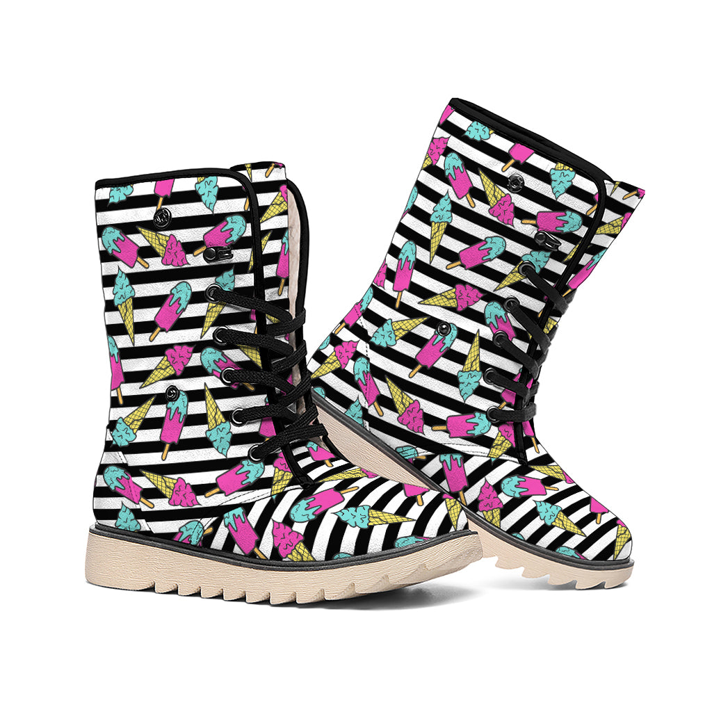Black Striped Ice Cream Pattern Print Winter Boots