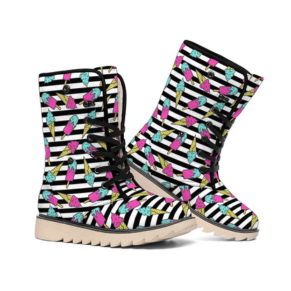 Black Striped Ice Cream Pattern Print Winter Boots