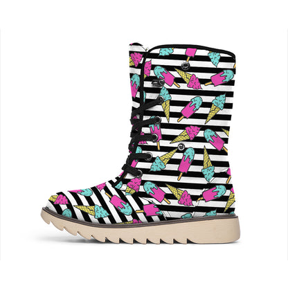 Black Striped Ice Cream Pattern Print Winter Boots
